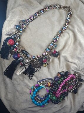 Bohemian Multi-Charm Tassel Necklace & Bracelets Set